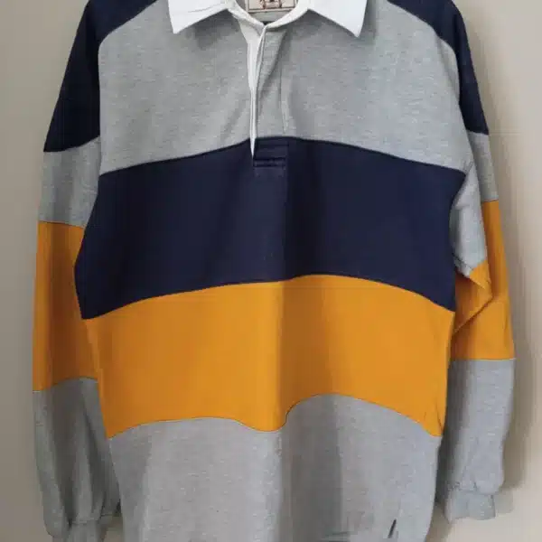 Polo Rugby Vintage – Riscas Cinzentas, Azul Marinho e Amarelo Mostarda